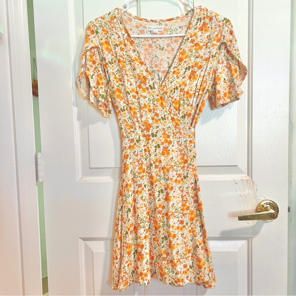 Orange and White Floral Mini Sundress with Flutter Sleeves